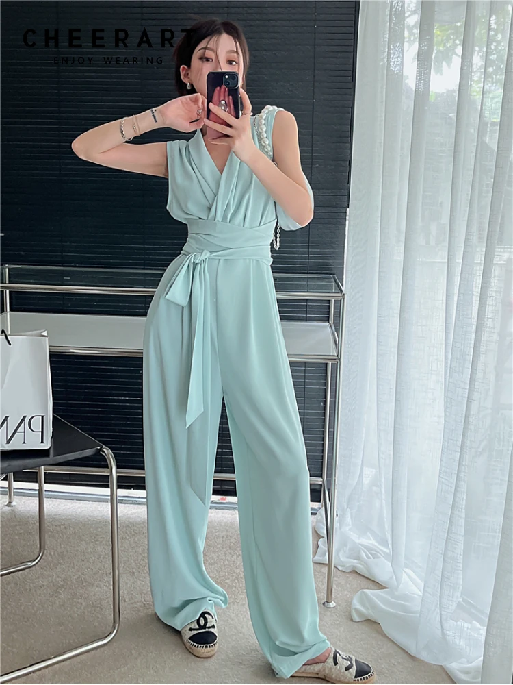 

CHEERART, комбинезон с широкими штанинами, женские летние комбинезоны 2022, комбинезон с V-образным вырезом, бандажный комбинезон без рукавов, модная одежда в Корейском стиле