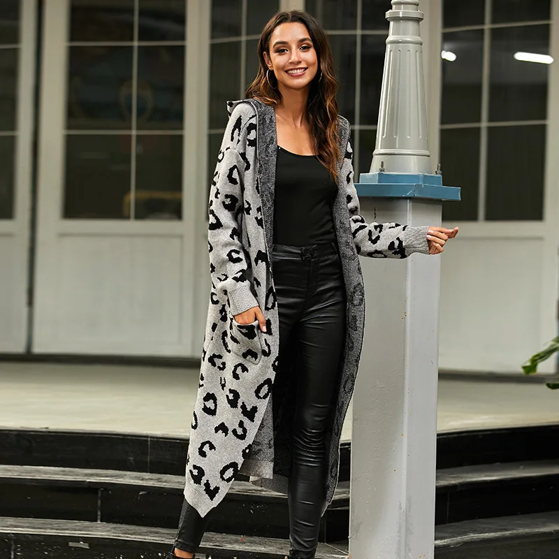 

Женский кардиган средней длины, кардиган с леопардовым принтом, Осень-зима 2021