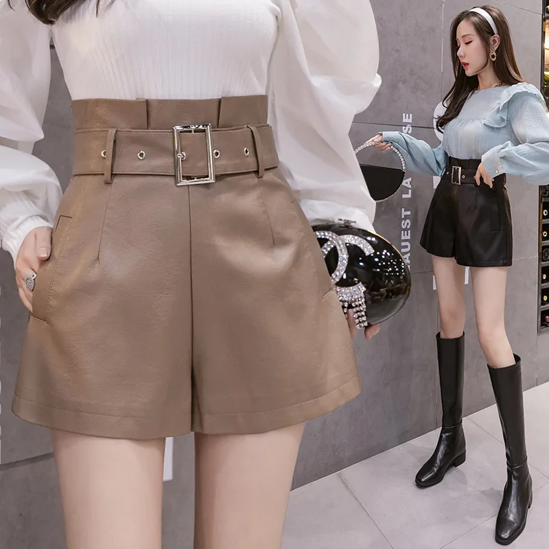 y2k Autumn Winter PU Leather Shorts Women Shorts All-match Sashes Wide Leg Short Ladies Sexy Leather Shorts Woman Clothing