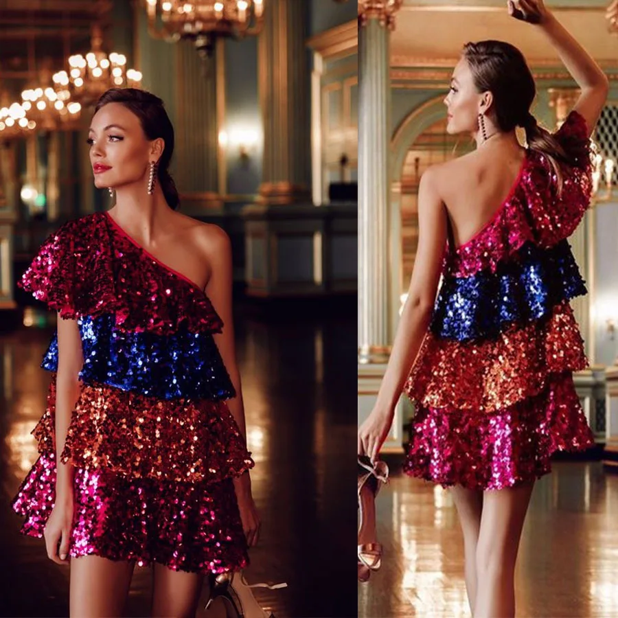 2023 Sequins Evening Dress For Women Slash Neck Contrast Color Cake Cocktail Designer Dresses New Four-Layer Formal Prom Dress