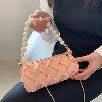 summer tote bags for women 2022 new pearl chain crossbody bags fashionable casual barrel shaped beach woven purses and handbags