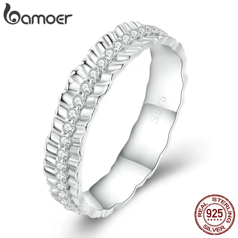 Bamoer 925 Sterling Silver Lace Edge Zircon Finger Ring for Women Engagement Anniversary Gift Fine Jewelry Size 6-8 BSR312