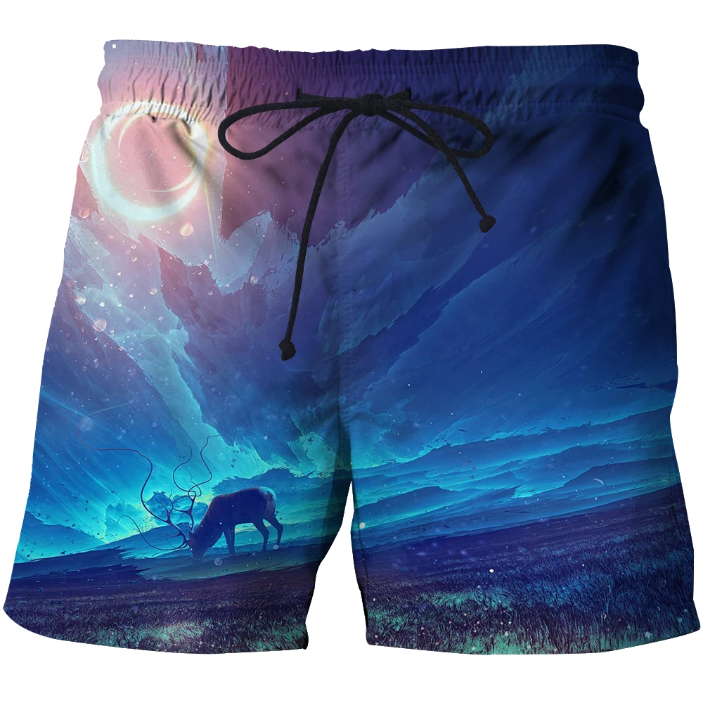 New Men's Beach Pants 3D Printed Colorful Deer Fashion Harajuku Casual Sports Swimming Short Sleeve