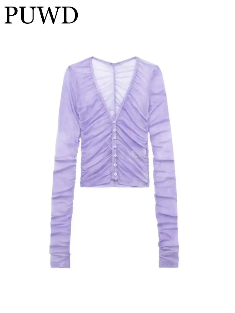 

Пурпурная Женская тонкая Милая муслиновая блузка PUWD со складками Лето 2023 удобное однобортное Женское пальто с длинным рукавом