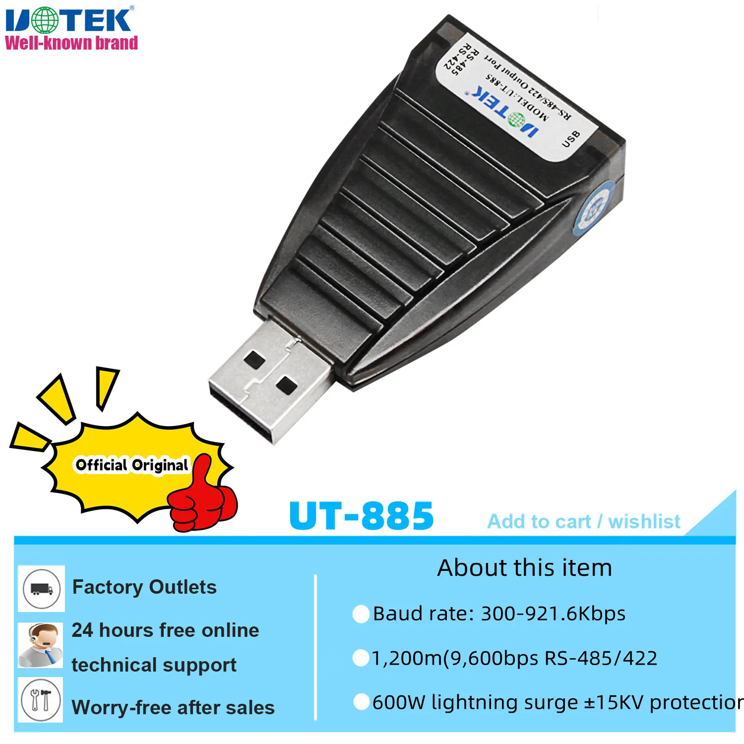 

UOTEK USB to RS-485 RS-422 Converter RS 485 422 USB-A RS485 RS422 Serial Adapter Connector Full Half Duplex Anti Surge UT-885
