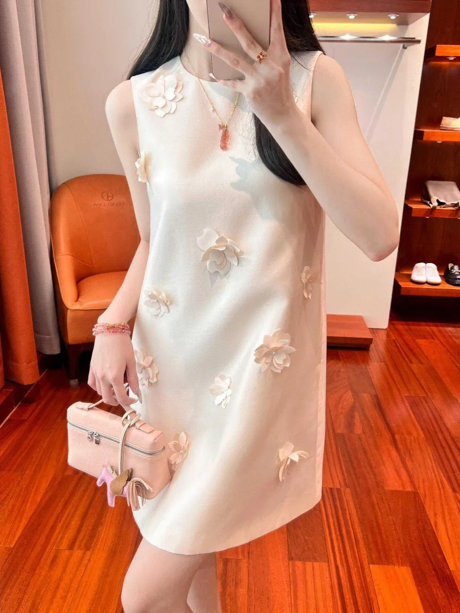 Женское платье без рукавов элегантное свободное во французском стиле с круглым