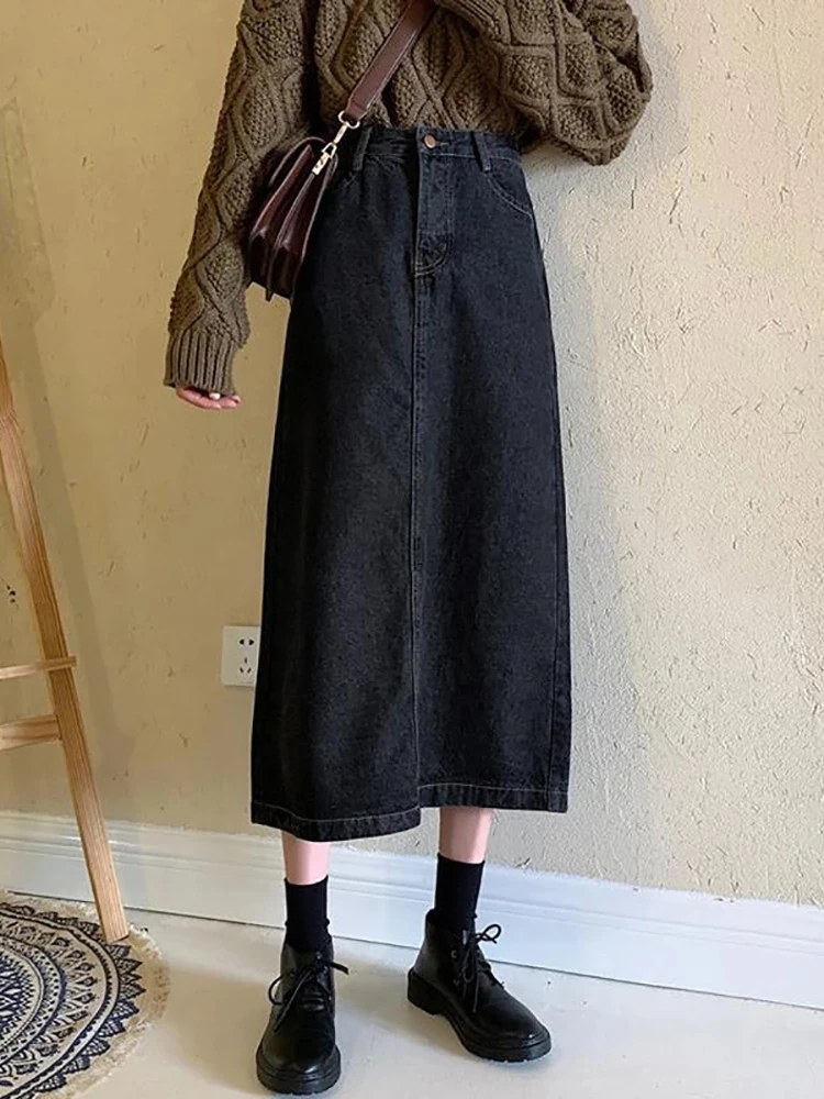 Женская джинсовая юбка-макси с высокой талией разрезом и карманами | одежда