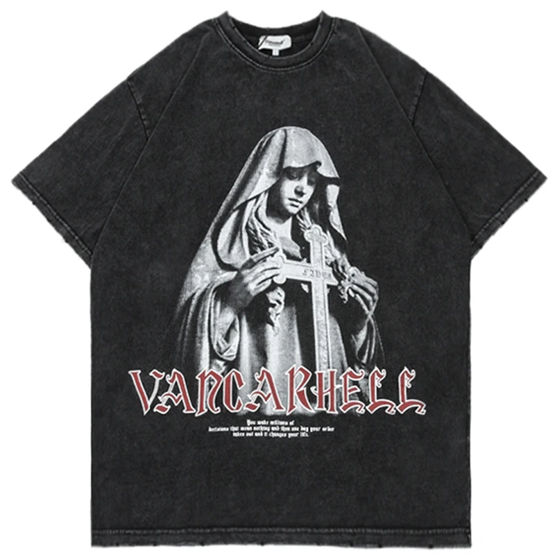 

Hip Hop Washed T-Shirt Streetwear Cross Letter Printed T Shirt Harajuku Cotton Casual Tshirt 2022 Men Short Sleeve Tops Tees