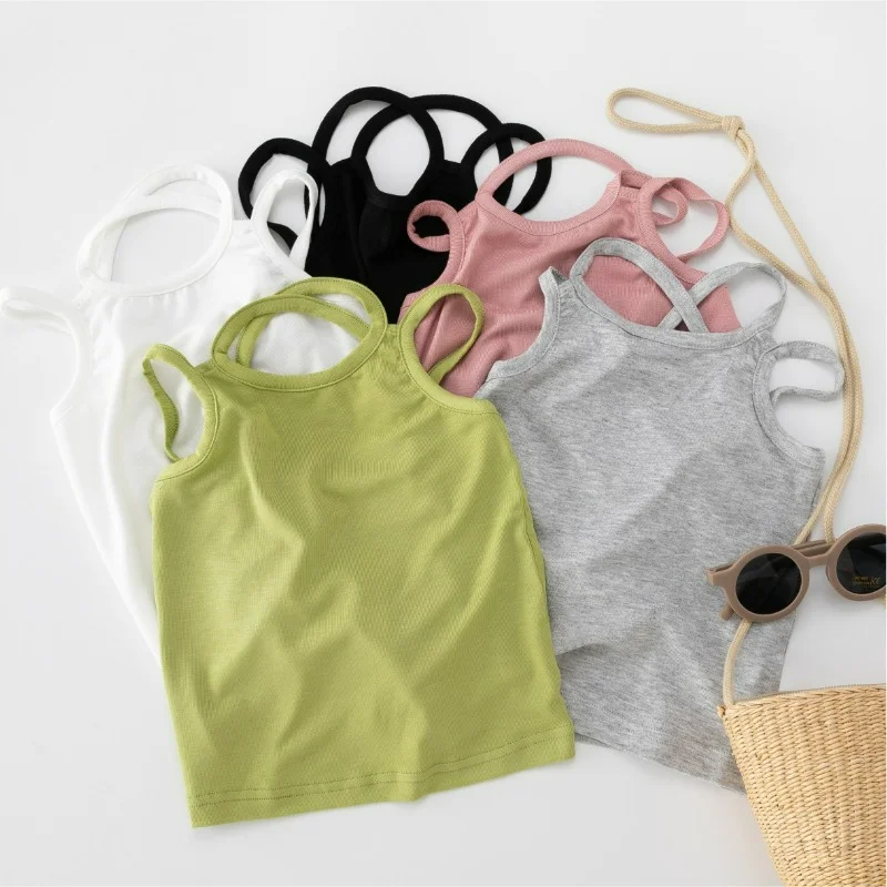 

Children Baby Girls Clothes Cotton Camisole Solid Sleeveless Cross Thin Strap Vest Kids Summer T-shirts for Girls Candy Color