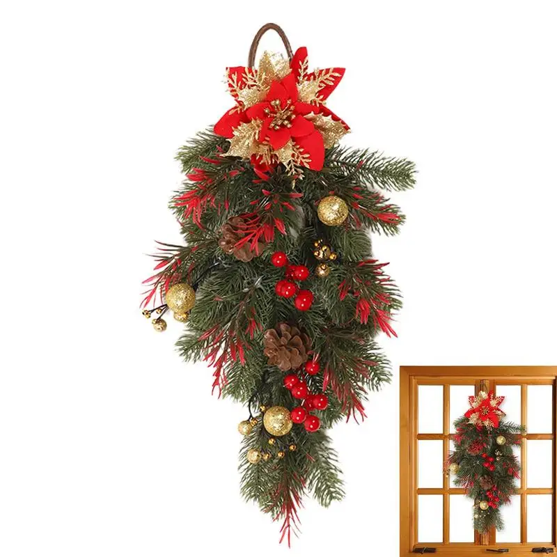 

Christmas Wreath Artificial Christmas Teardrop Swag With LED Light String Christmas Balls Winter Christmas Home Party Ornament