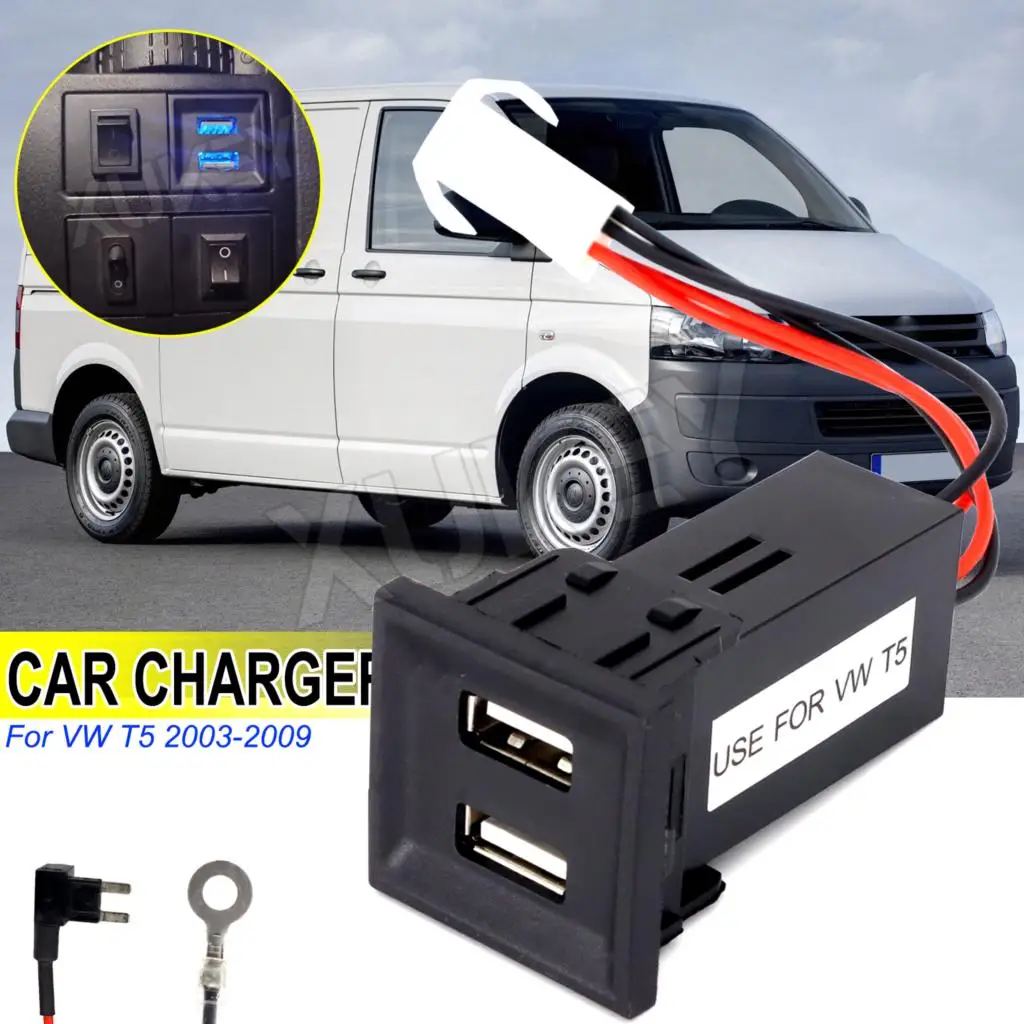 

For VW Transporter T5 03-09 Car Phone Charger Auto Dual USB Port Power Supply Charging Adapter 12V Socket ASR Dash Blank Switch