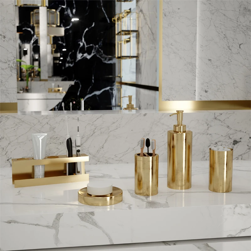 

Luxury Gold Stainless Steel Bathroom Accessories Tissue Box Soap Dish Lotion Bottle Mouthwash Cup Toothbrush Holder Toilet Brush