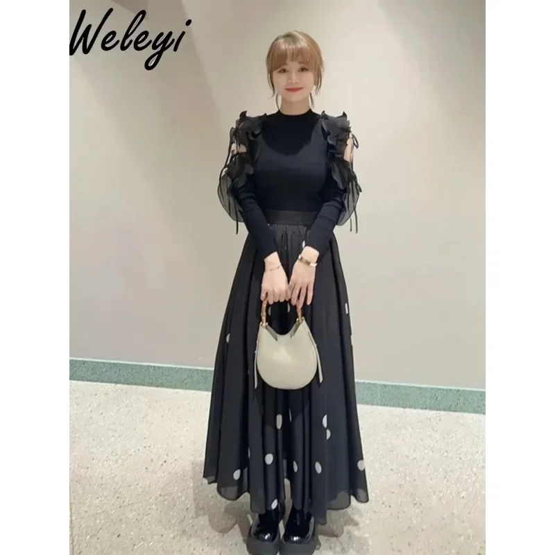 Женский трикотажный топ в японском стиле полоску с круглым вырезом и длинным