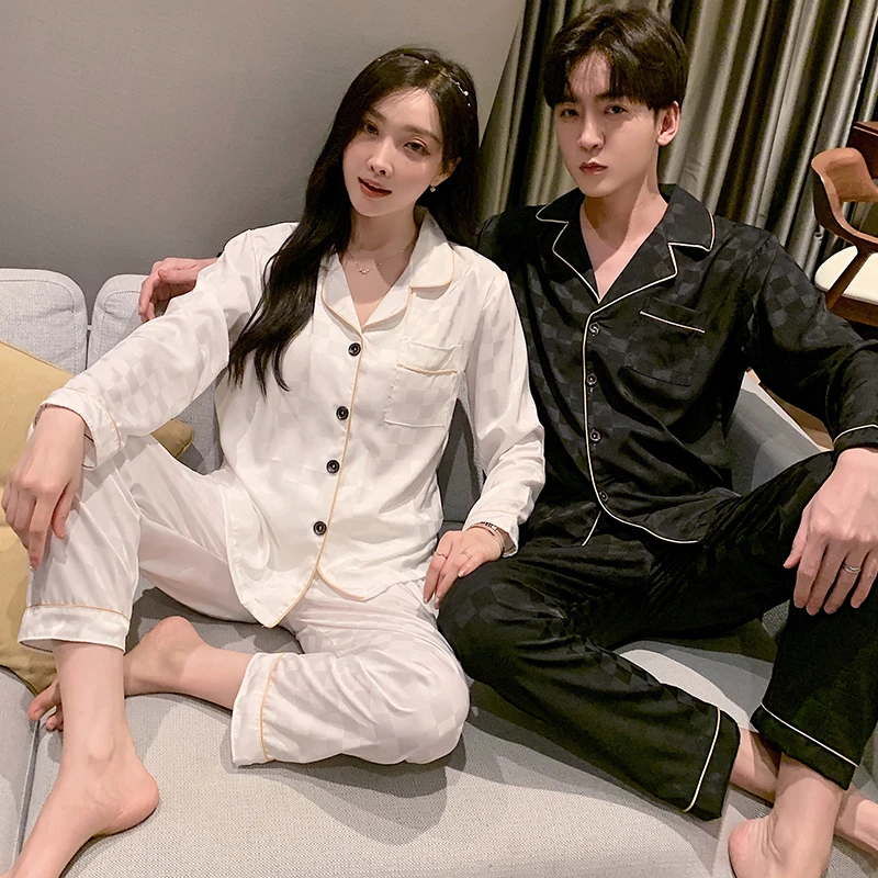 2023 Fall New Cardigan Lapel Couple Pajamas Ladies Thin Long Sleeve Silk Jacquard Plus Size 2 Pieces Men's Pajamas Homewear