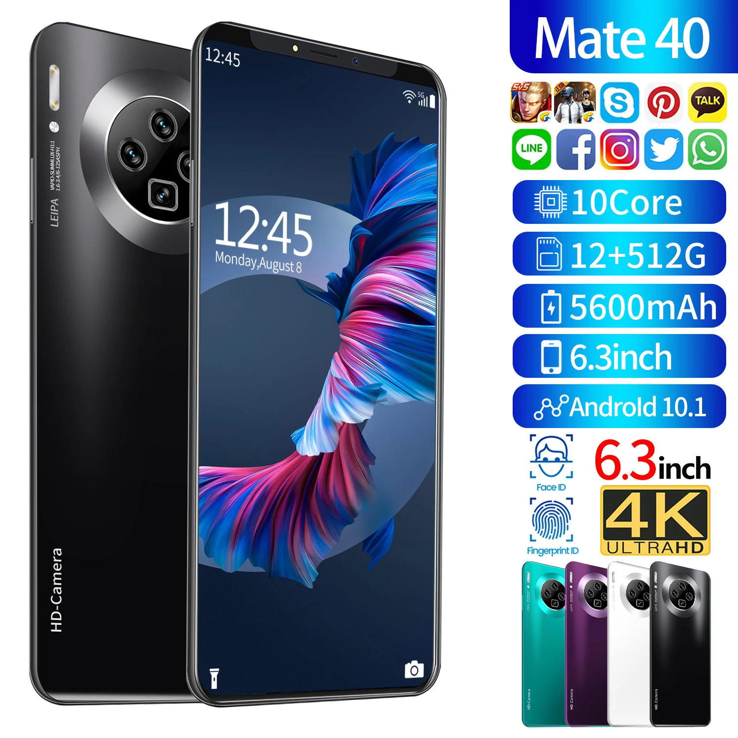 

Global Version Mate40 Smartphone 5G Phone 12+512GB Cellphone 10Core Mobile Phone Andriod10 5600mAh Game Phone Face ID 6.3 Inch