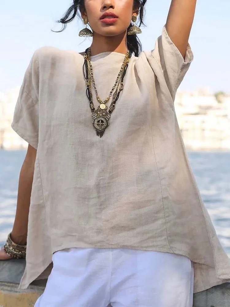 

Summer Fashion O Neck Cotton Linen Blouses Women Tops Solid Short Sleeve Clothing Casual Loose Pullovers Tee Blusas Mujer 2023