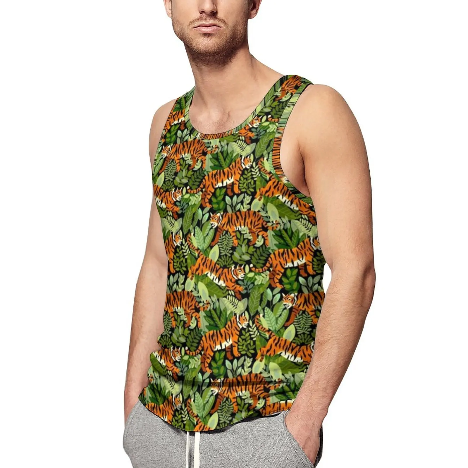 

Топ на бретелях с бенгальским тигром, мужские зеленые топы с принтом джунглей, летние дизайнерские тренировочные уличные рубашки без рукав...