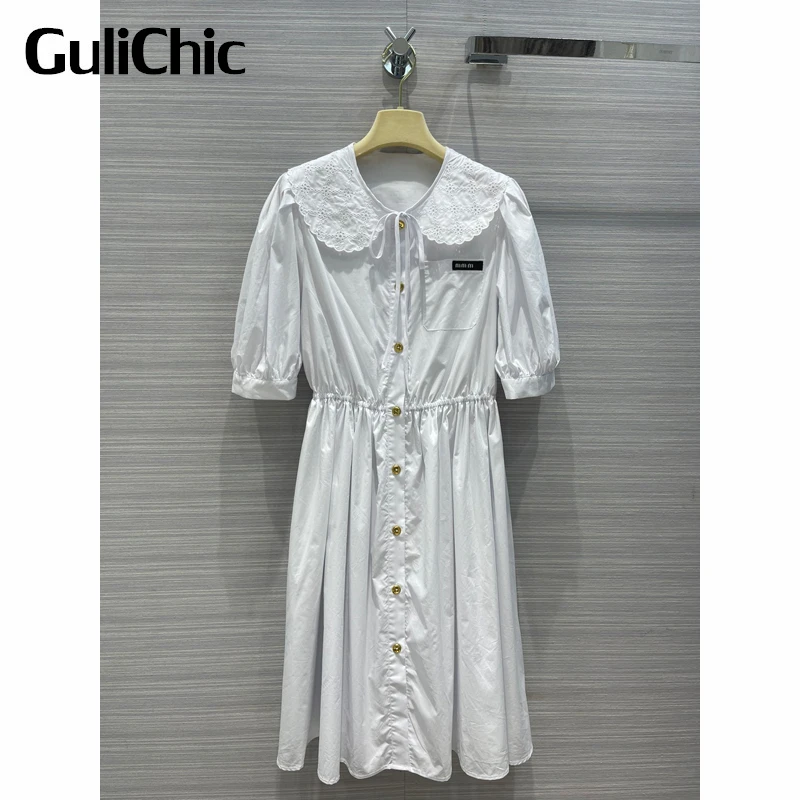 

Женское хлопковое платье с вышивкой GuliChic, белое однобортное платье с воротником «Питер Пэн» и пышными рукавами, 3,23