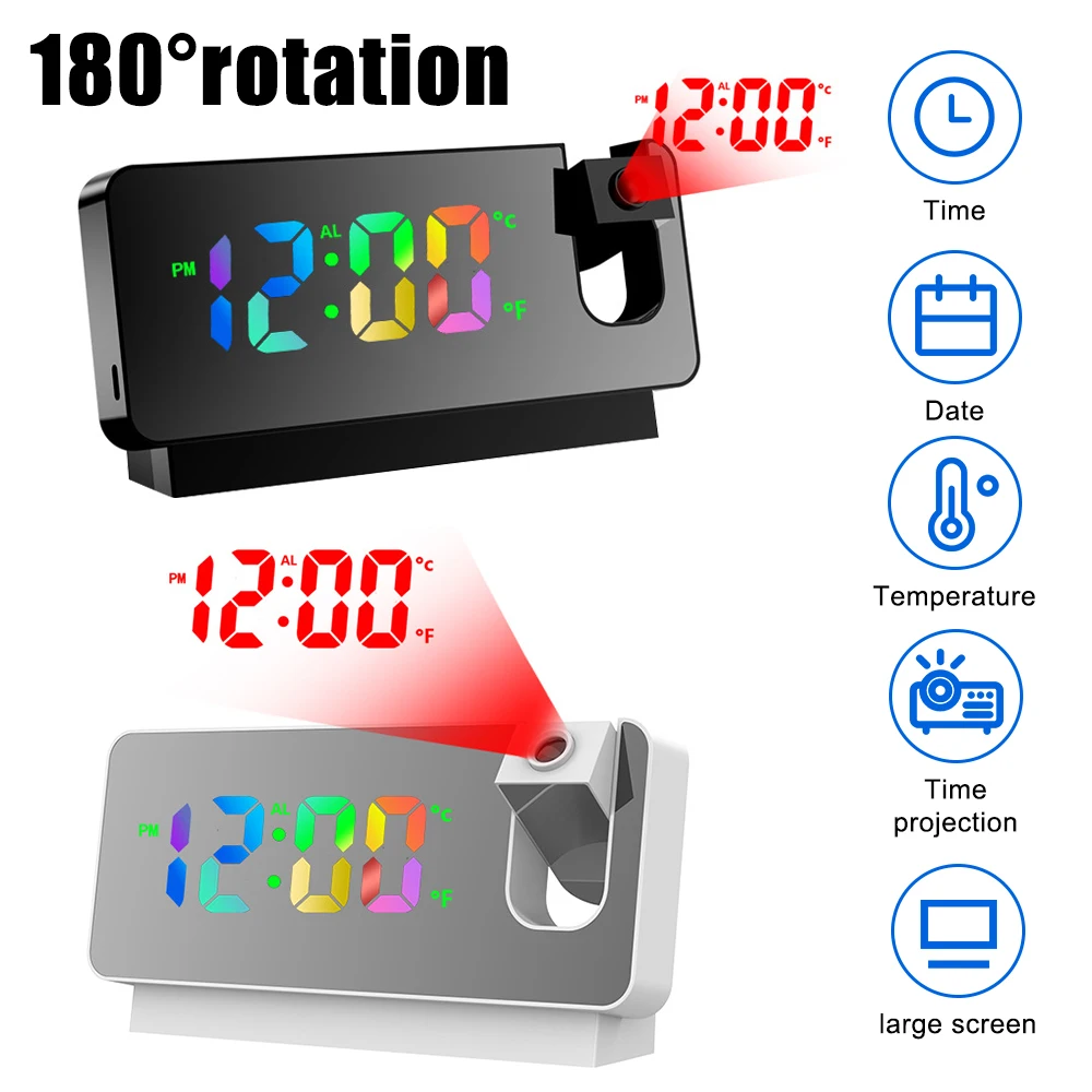 LED Digital Projection Alarm Clock with FM Electronic Radio Time Projector Bedroom Bedside Mute |