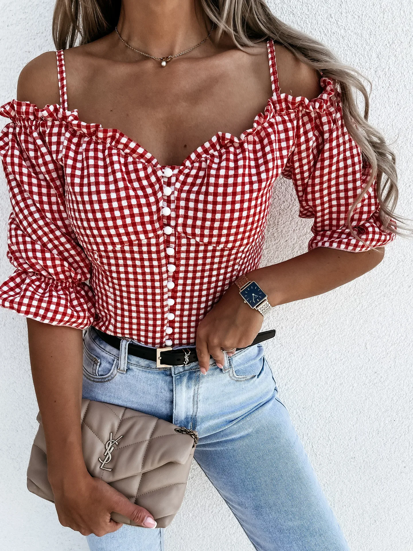

Shirts Women Plaid Streetwear Korean Style Simple Slim Vintage Tops Lantern Sleeve T Shirt