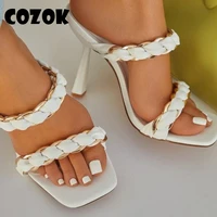 new design women slipper summer metal chain high heel ladies sandal weave high quality dress slides shoes woman slippers