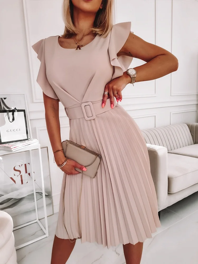 

2022 Summer Women Fashion Round Neck Solid Color Work Wear Flutter Sleeve Pleated Work Dress With Belt
