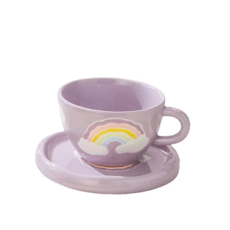 

Japanese Creative Hand-painted Rainbow Cup and Saucer Ceramic Hand Knead Irregular Coffee Cup and Saucer Personality Set
