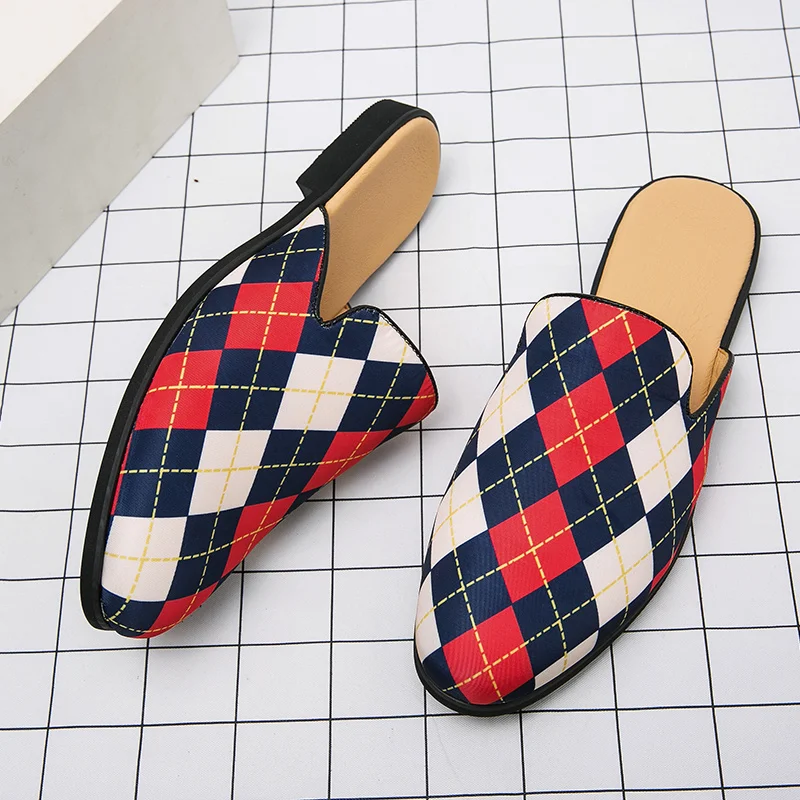 

Fashion Colourful Checked Printed Half Shoes Men Casual Leather Slippers Shoes Comfort Mens Loafers Shoes Mocasines Hombre 2022