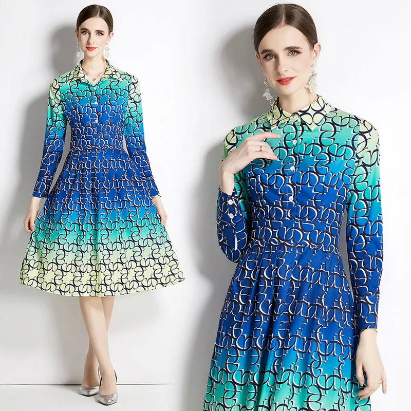 

Женское плиссированное платье с длинным рукавом, с принтом