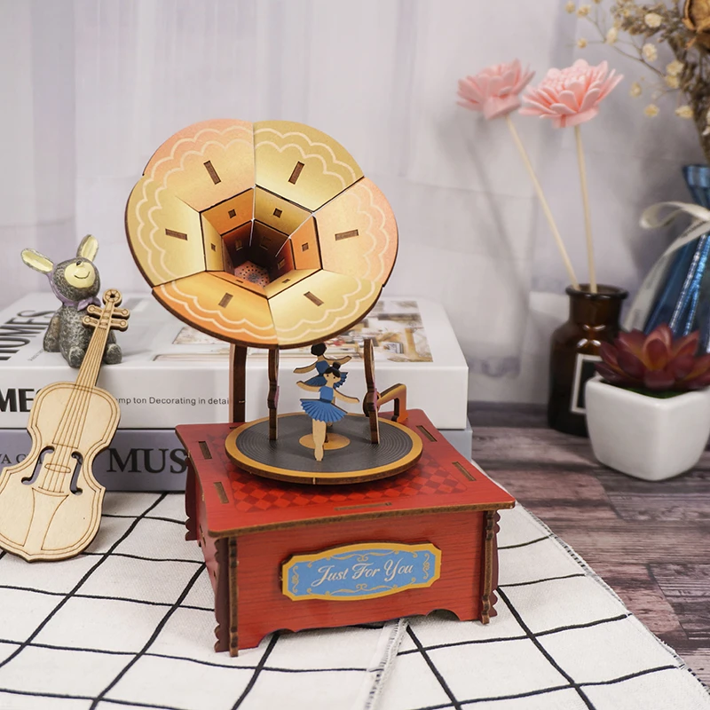 DIY 3D деревянная музыкальная шкатулка с фонографом наборы миниатюрных моделей