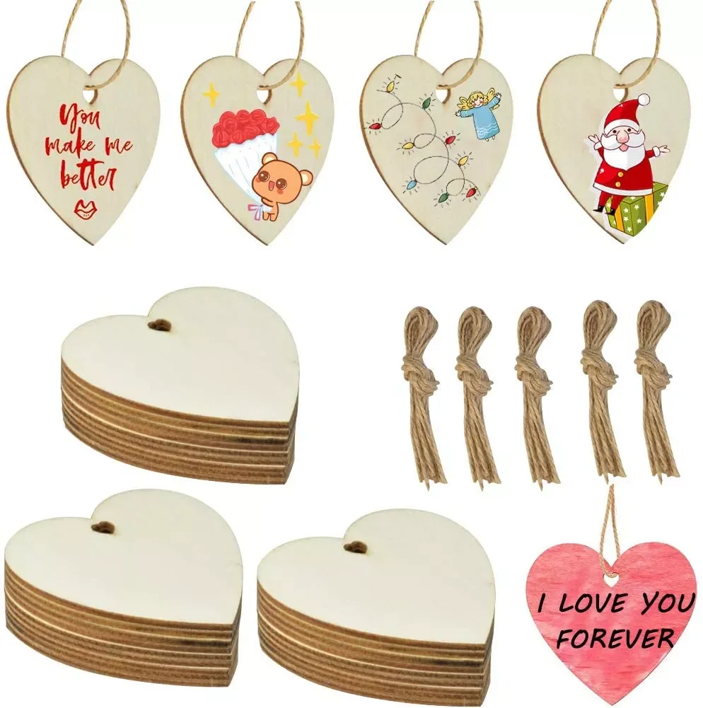 

10/20PC Natural Wood Heart Slices Unfinished Predrilled Wooden Blank Heart Slices with Natural Twine for Christmas Wedding Decor