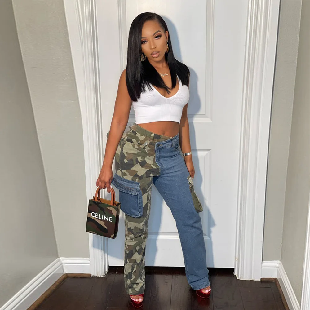 

Women's 2022 autumn hot selling street INS net red personality stitching hit color camouflage pockets washed straight jeans