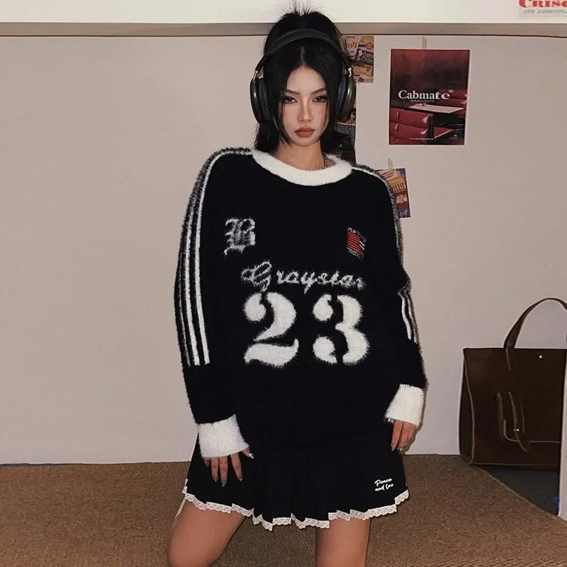 Модный американский стиль жаккардовый ангорский свитер с круглым вырезом для