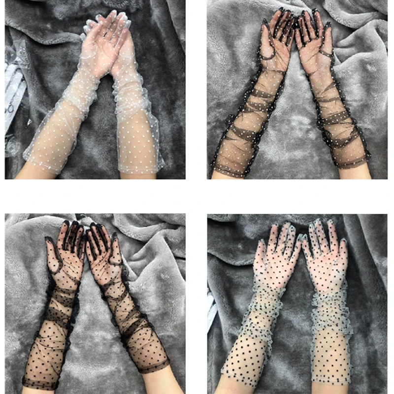 

New 1 Pair Women Short Tulle Gloves Stretchy Lace Spots Full Finger Mittens Mesh Lace Gloves