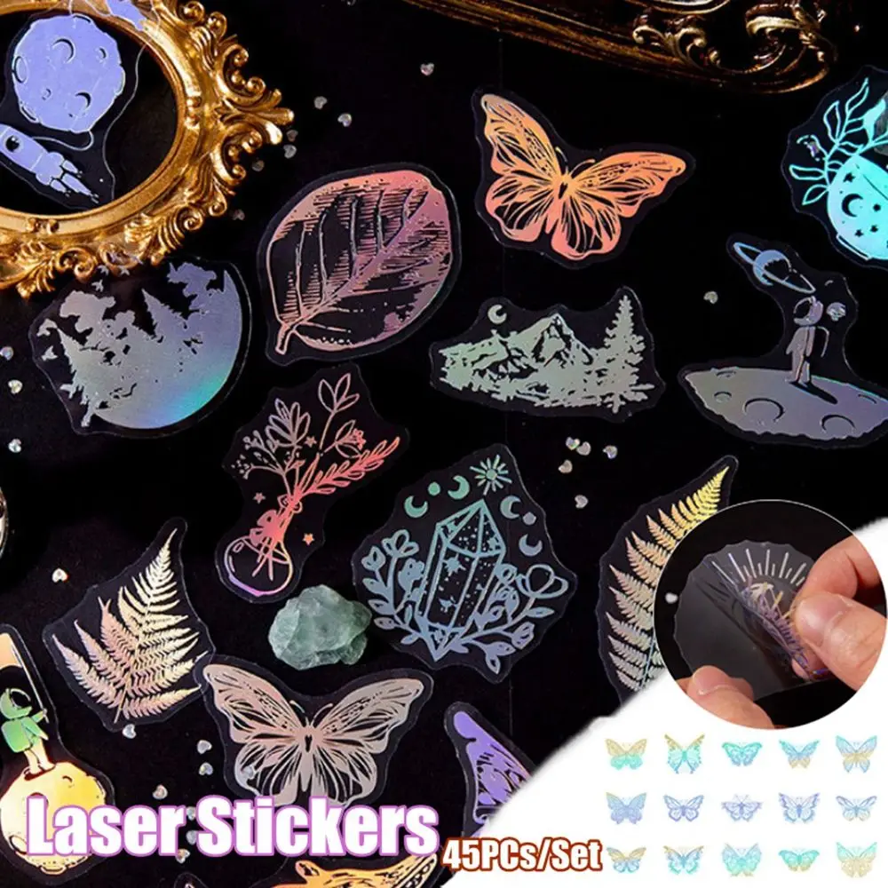 

45Pcs/Set Plant Theme Flower Sticker Waterproof Planet Pattern Sticker Multicolor Laser Sticker Fantasy Flash PET Stickers