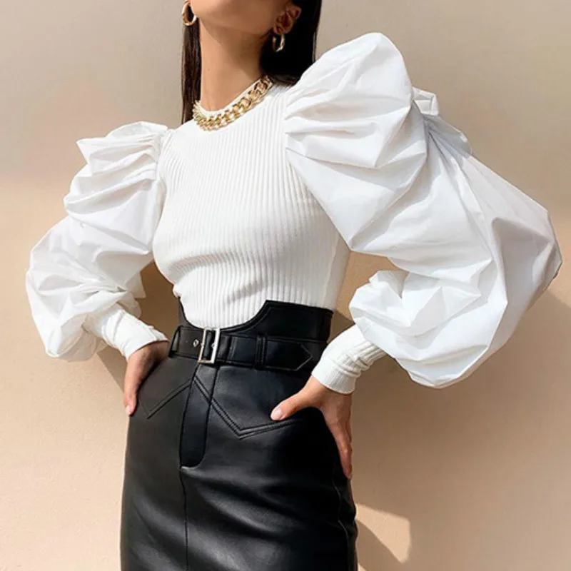 

Vintage Knitted Slim Puff Sleeve Shirts Women Fashion Elegant Ruffles Black White Solid Color Bottomed Tops Shirt 2021 Streetwea
