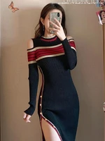 knitted french long sleeve temperament slim design off shoulder skirt dress autumn winter 2022 new style