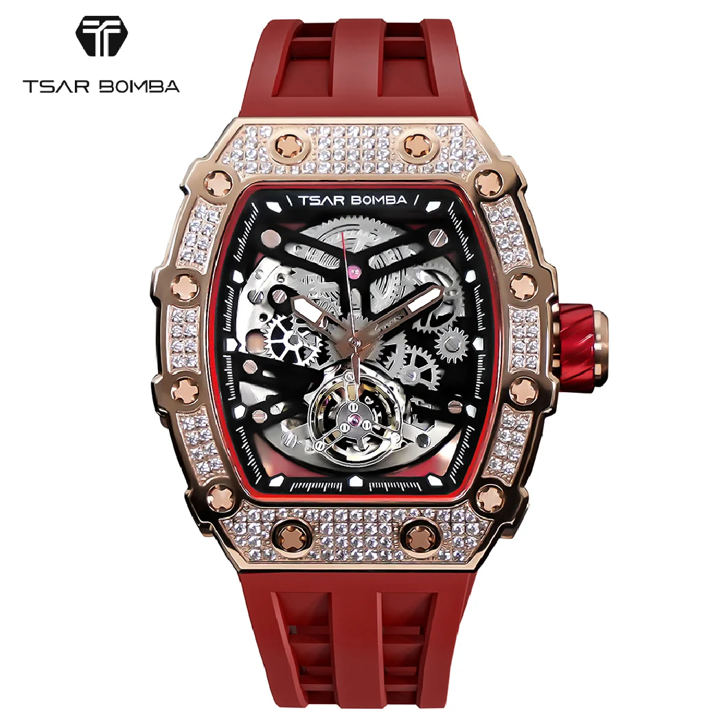 

TSAR BOMBA Mens Automatic Watch Diamond like Cubic Zircornia Bezel Luxury Clock Waterproof Wristwatch Mechanical watches for Men
