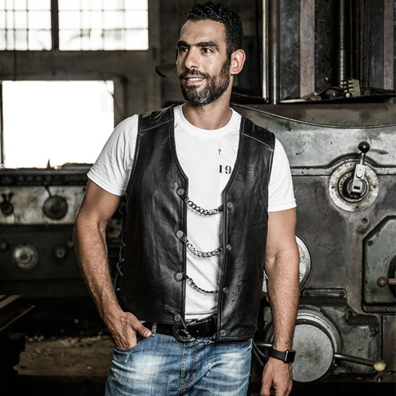 Мужской кожаный жилет двойного назначения на пуговицах со стальной цепью