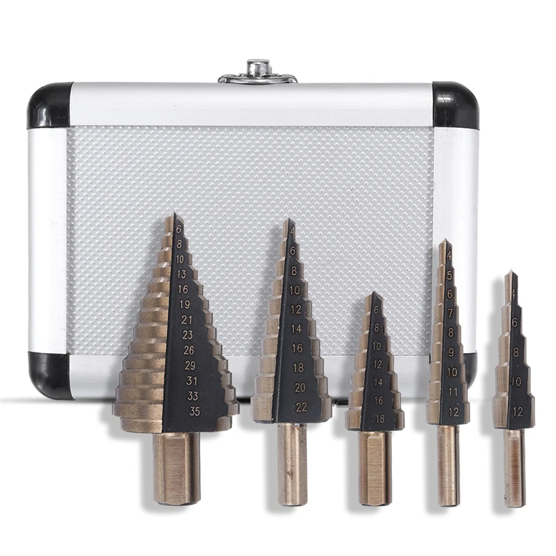 

5Pcs Metric/Inch HSS Cobalt Step Drill Bit Set Multiple Hole 50 Sizes With Aluminum Case
