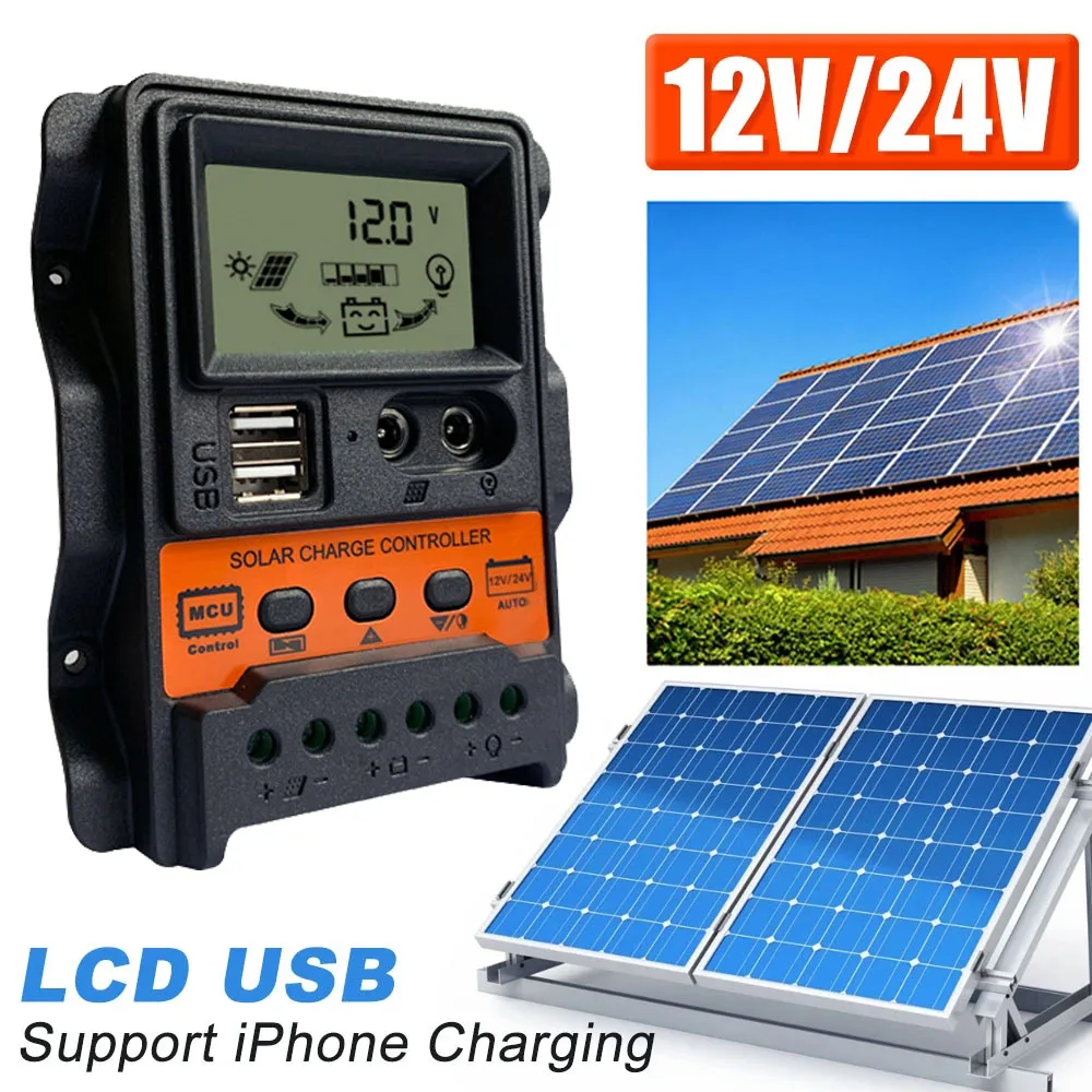 

Двойной USB ЖК-контроллер заряда солнечной батареи 12/24 в, регулятор заряда солнечной панели, панель солнечной батареи, запчасти контроллера з...