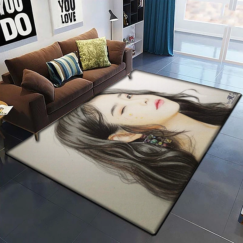 

Iu Kpop Star Beautiful Painting Carpet for Living Room Large Area Rug Black Soft Carpet Home Decoration Mats Boho Rugs Picnic