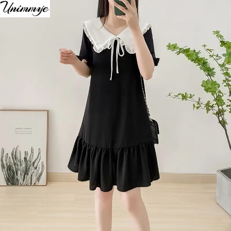

Short Sleeve Dress Women Korean Fashion Simple Black Summer Trendy Preppy Girls Clothing Leisure A-line Mujer Vestido Retro J313