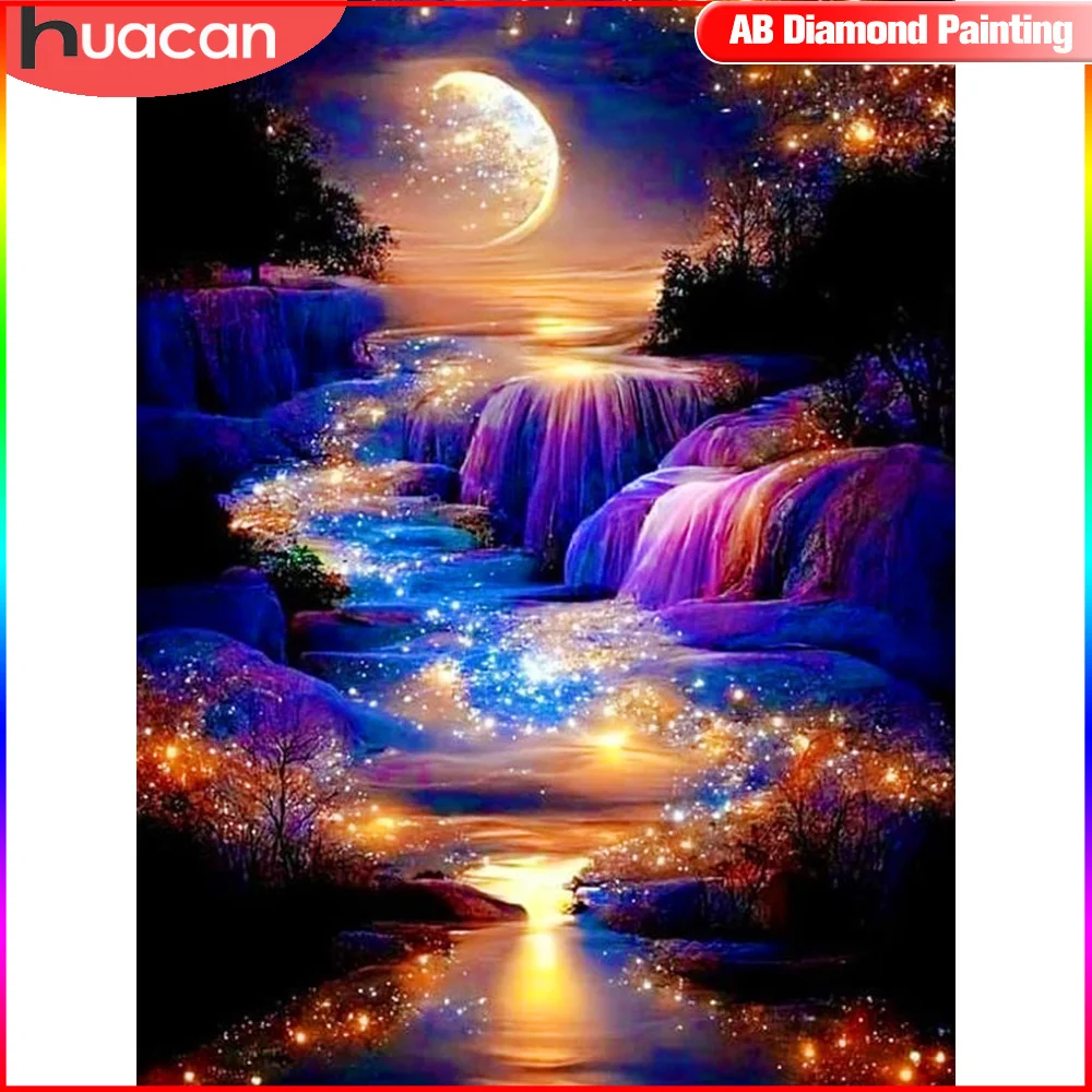 

HUACAN Diy 5D AB Diamond Painting Waterfall Moon Mosaic Landscape Cross Stitch Embroidery Sets Handmade Gift Wall Decor