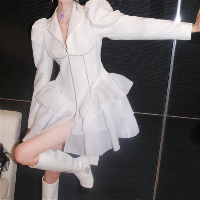 Элегантное однотонное Черное Осеннее платье с пышными рукавами и отложным