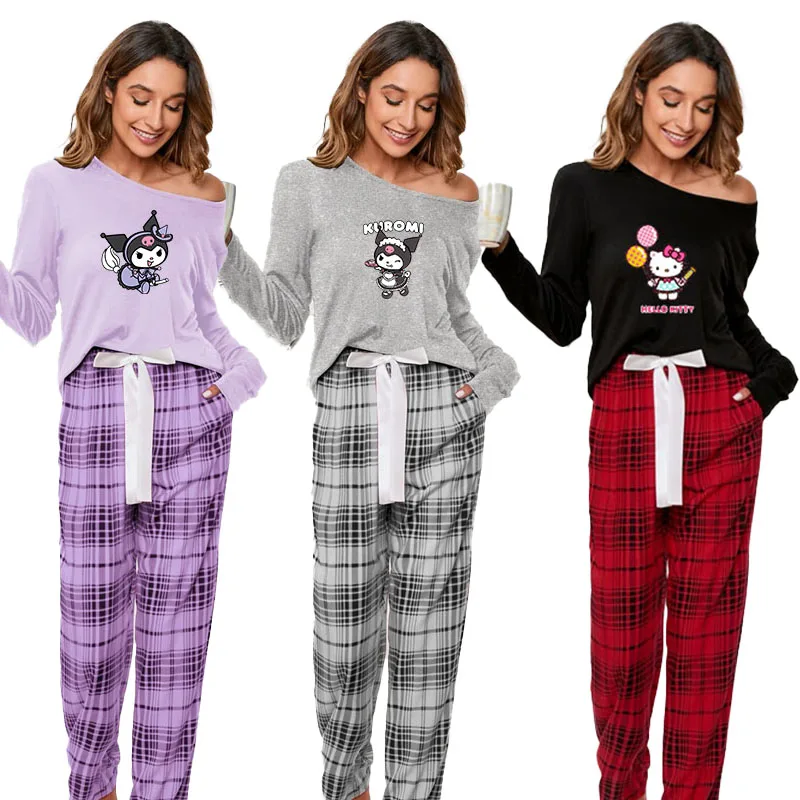 

Cartoon Cute Print Hellokittys My Melody Kuromi Round Neck Plaid Casual Home Wear Set Comfortable Pajamas Long Sleeves for Women