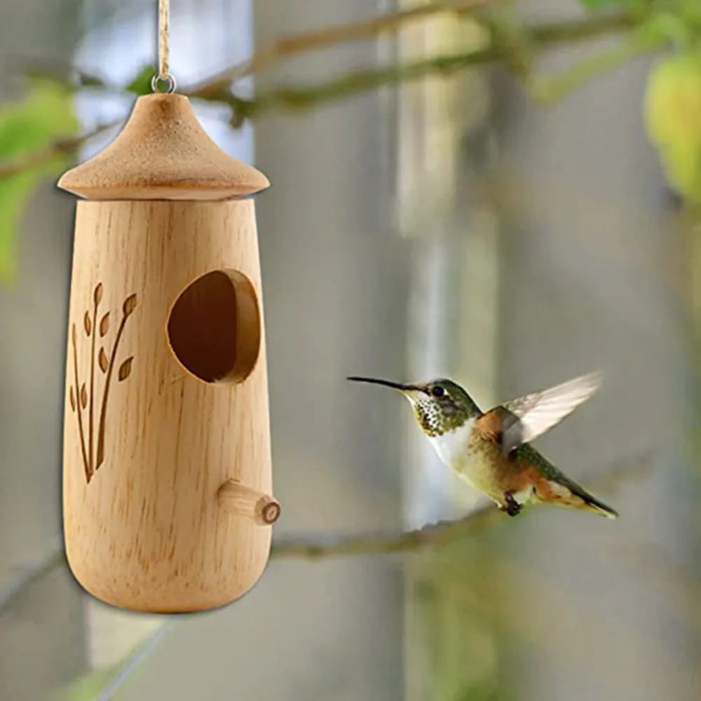 

Creative Wood Hummingbird House Hanging Swing Hummingbird Handmade Outdoor Birdhouse Nest Garden Decoration