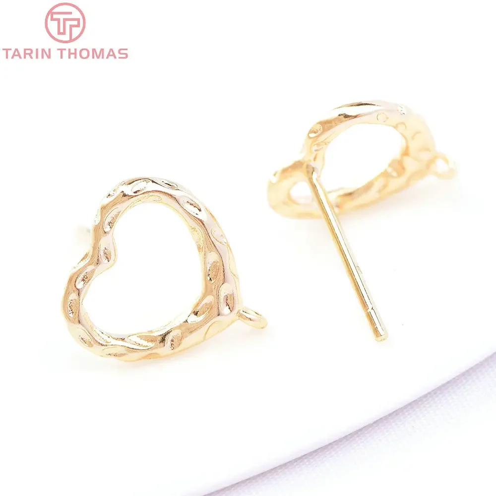 (6541) 6 шт. 10x11 мм 24-каратного золота латунные серьги-гвоздики в форме сердца высокое