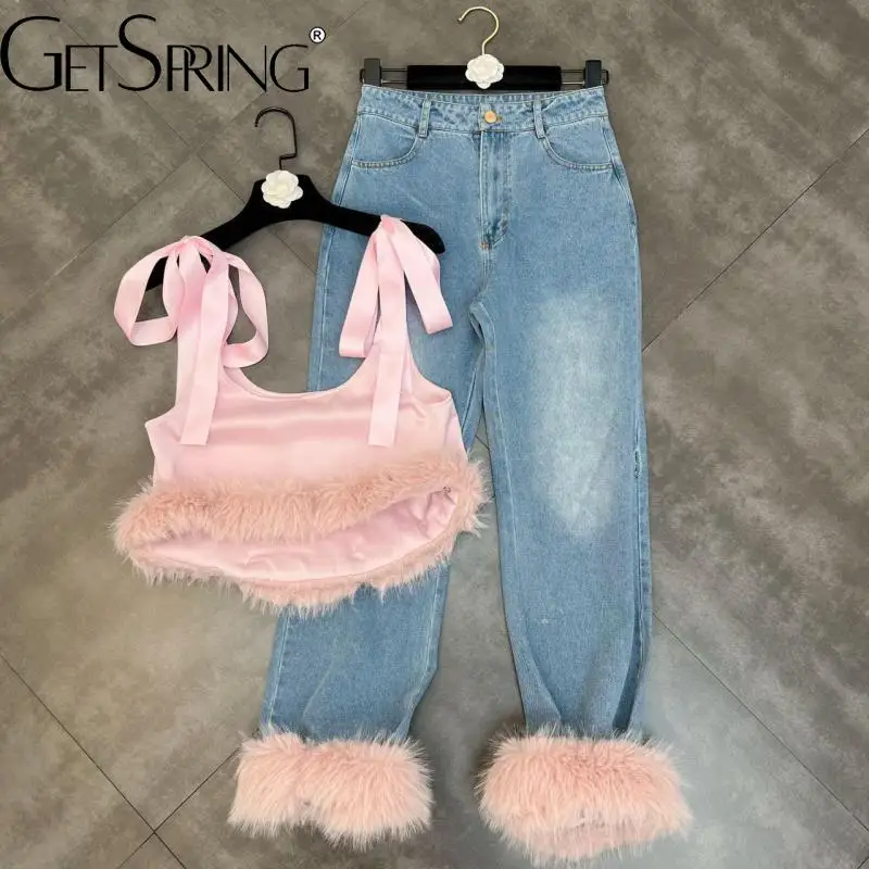 

GetSpring женские брючные комплекты 2022 летняя лента бант жилет с необработанными краями джинсы с высокой талией комплект из двух предметов модн...