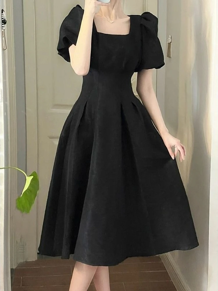 

Винтажное элегантное платье с запахом, женское французское черное платье миди в стиле ретро с пышными рукавами и квадратным вырезом, летнее модное однотонное платье Kpop 2022